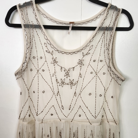 Free People Sheer Mesh Beaded Art Deco Mini Dress Sleeveless Eras Boho Large - Picture 7 of 15